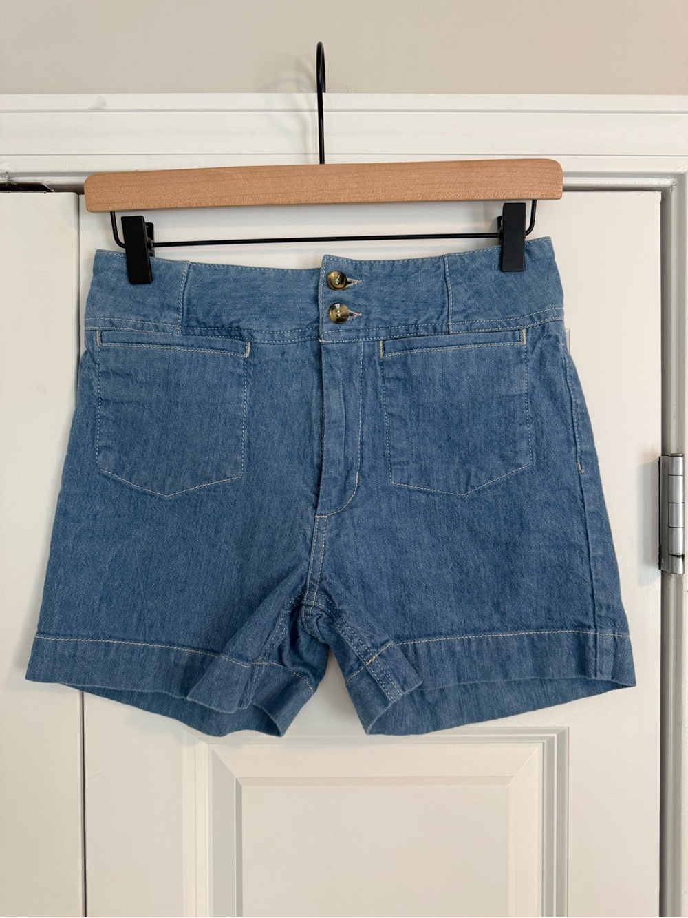 Anthropologie Light Blue High-Rise Denim Shorts with Double Button - Picture 2 of 7
